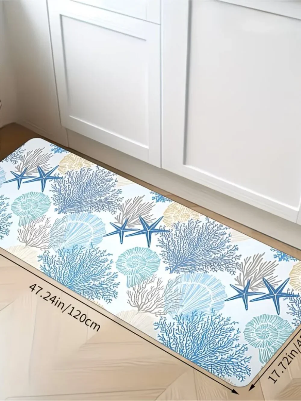 SET of 2 - Bathroom Kitchen Rugs - Starfish Seashell Design- Costal Home Decor